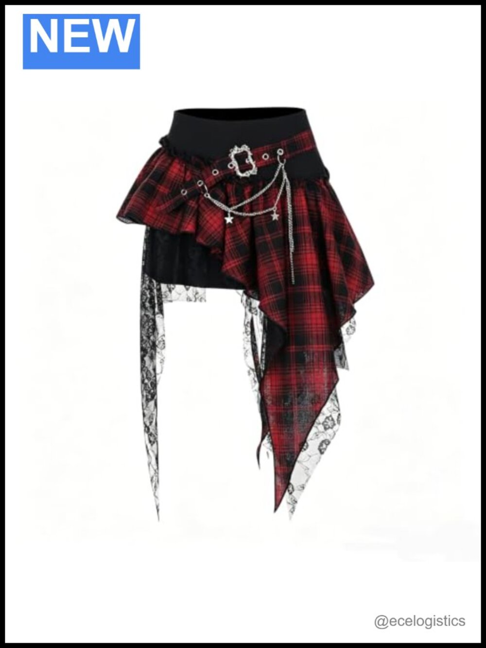 Gothic Punk Plaid Skirt with Lace Trim Asymmetrical
